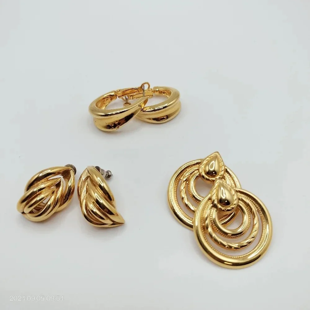 Set of 3 Women's Gold Tone Fashion Earrings Unsigned Classic